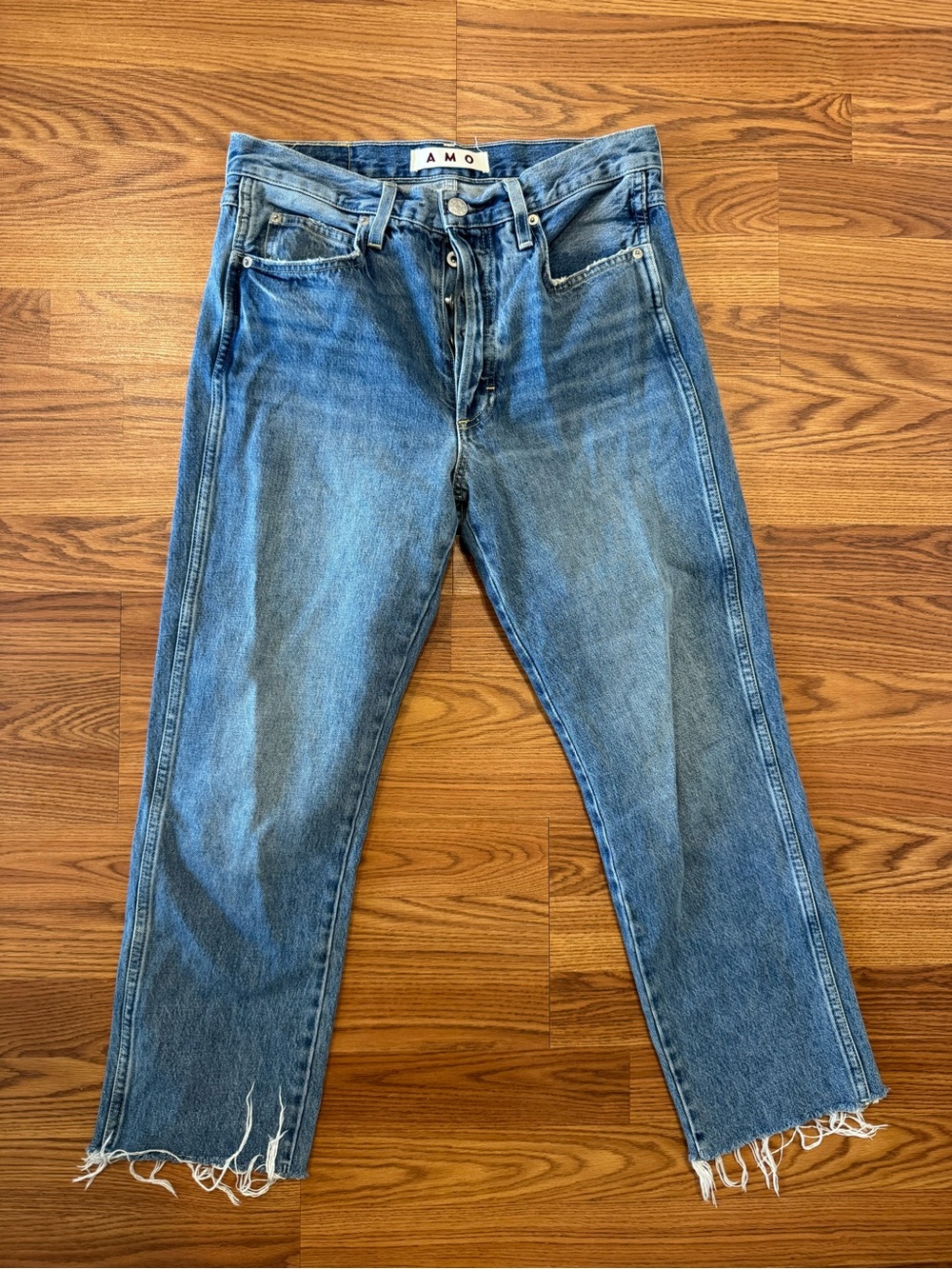 AMO Loverboy Jeans Size 28 Medium Wash 100% Cotton Raw Hem Straight Leg